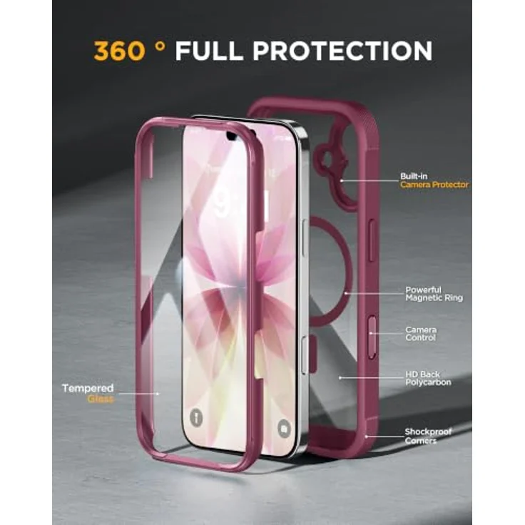 miracase iPhone 17 Hülle 6,3 Zoll, 360° Komplettschutz mit integriertem 9H-Glas-Displayschutz, Burgunderrot – Bild 3