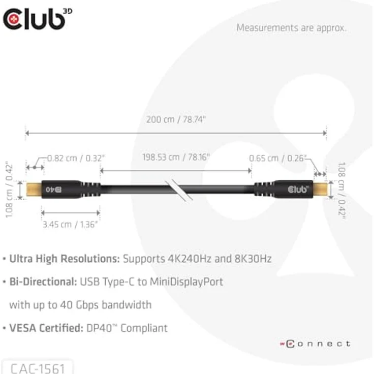 Club 3D CAC-1561 USB Typ C Kabel auf Mini DP 2.1, 2 m, VESA DP40 zertifiziert, M/M, Displayport 2.1 Unterstützung, 8K/4K UHD Auflösung, biologisch abbaubar - Blau – Bild 2