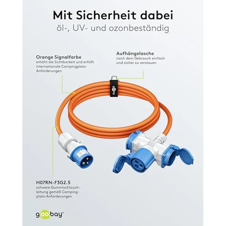 goobay CEE-Adapterkabel 10 m, CEE-Stecker auf 1 x CEE-Buchse und 2 x Schutzkontakt-Steckdose, IP 44, orange für Camping, Wohnmobil und Baustelle, 76266 – Bild 4