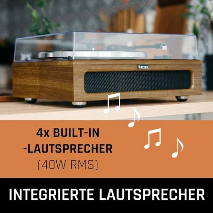 Lenco LS-410 Plattenspieler - Bluetooth Plattenspieler - integrierte Lautsprecher 40 Watt RMS - Riemenantrieb - Vorverstärker - RCA Out und AUX-In - Holz LS-410WA Braun – Bild 5