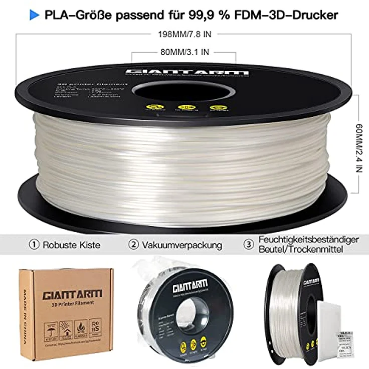 GIANTARM 3D Drucker Filament PLA 1,75 mm, hochpräzise Maßgenauigkeit +/- 0,03 mm, 1 kg Spule, glänzendes Weiß – Bild 5