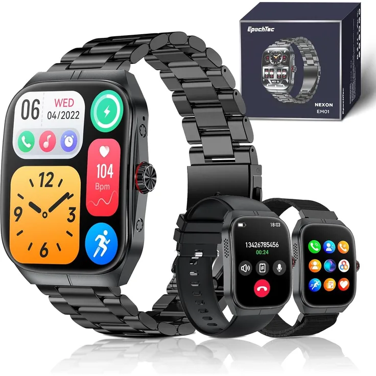 EpochTec Smartwatch 1.91 Zoll AMOLED, Fitness Uhr mit Telefonfunktion, 100+ Sportmodi, Herzfrequenz, Schlaf- & SpO2-Tracking, wasserresistent IP67