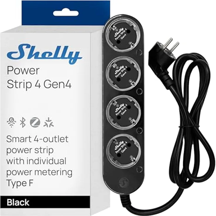 Shelly Power Strip 4 Gen4 Schwarz, WLAN & Matter Mehrfachsteckdose mit 4 Fach, Leistungsmessung, 16A, 3500W, Zeitschaltuhr, Zigbee, Sprachsteuerung über Alexa, Google & Apple, kein Hub erforderlich