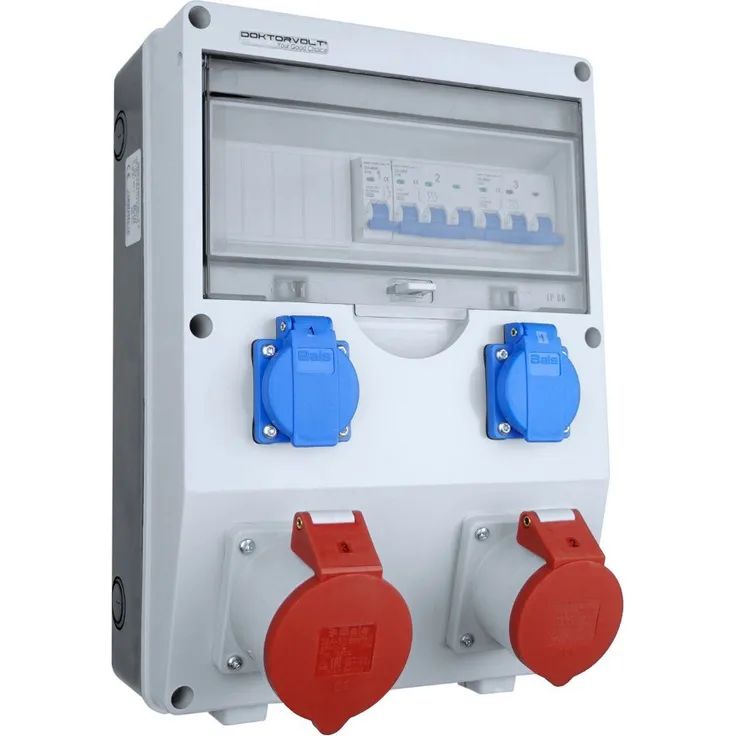 Doktorvolt Baustromverteiler ECO-S 32A 16A 2x230V Schuko System Bals-Steckdosen Steckdosenverteiler 6-fach (1x LSS C32 3P 6kA, 1x LSS C16 3P 6kA, 1 x LSS C16 1P 6kA)