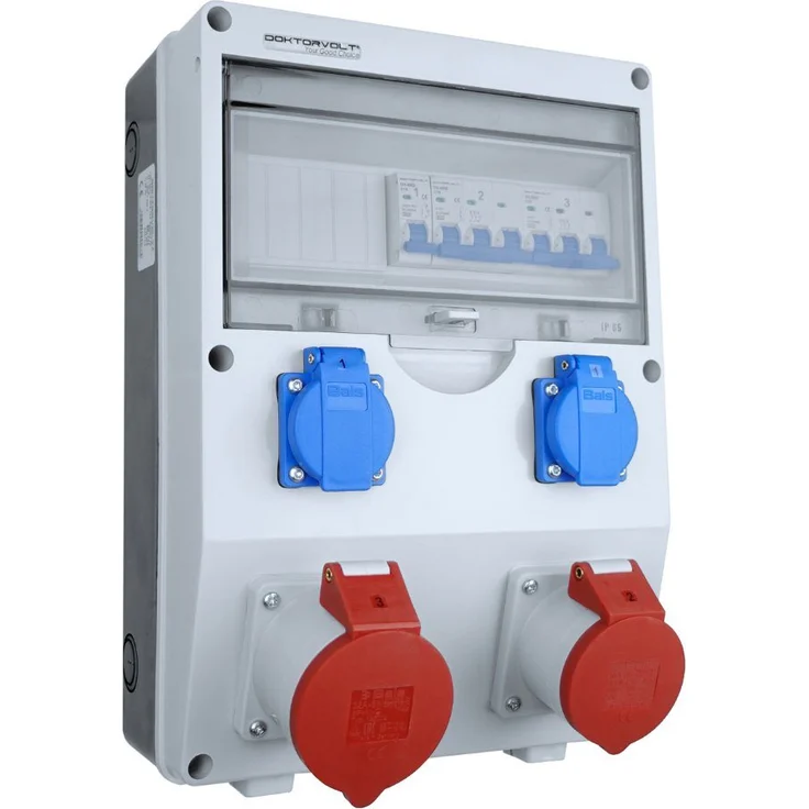 Doktorvolt Baustromverteiler ECO-S 32A 16A 2x230V Schuko System Bals-Steckdosen Steckdosenverteiler 6-fach (1x LSS C32 3P 6kA, 1x LSS C16 3P 6kA, 1 x LSS C16 1P 6kA) – Bild 1