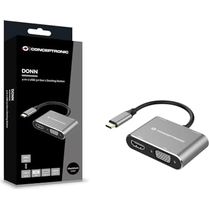 CONCEPTRONIC DONN16G 4-in-1 USB 3.2 Gen 1 Dockingstation, HDMI, VGA, USB-A 3.0, 100 W USB PD