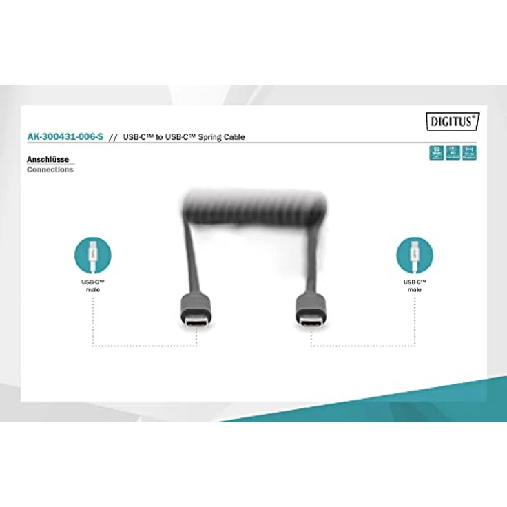 DIGITUS USB 2.0 - USB - C auf USB - C Spiralkabel - USB 2.0, PD 60W Max; 1m, Schwarz – Bild 2