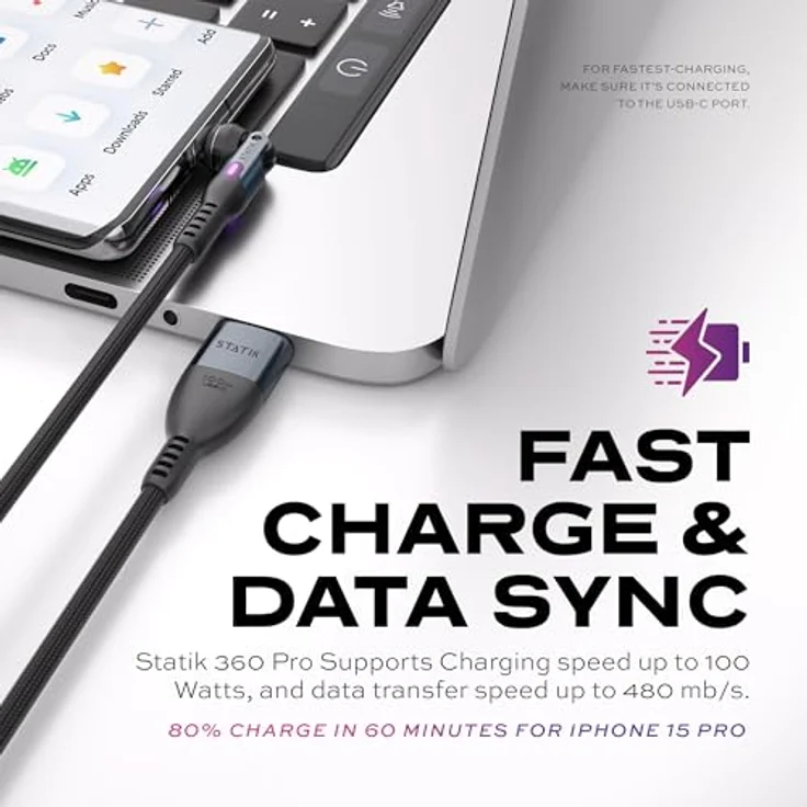 Statik 360 Pro Magnetisches Handy-Ladekabel, 3-in-1 Ladekabel, 100-W BlitzCharge, magnetisches USB-C, Schwarz, 2m – Bild 4