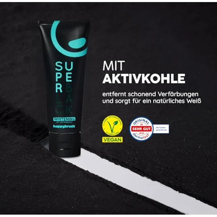 happybrush Vegane Aktivkohle Zahnpasta SuperBlack, 5er Pack mit Minze Geschmack - Zahnaufhellung & Kariesschutz für strahlend weiße Zähne (5 x 75ml) – Bild 2