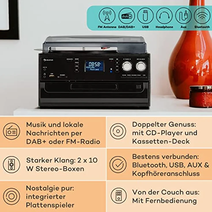 Oakland Retro-Stereoanlage FM BT-Funktion Vinyl CD Kassette MP3 Mit DAB+-FM Radio – Bild 3