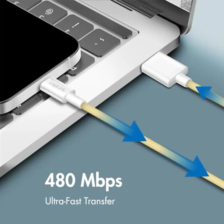 Logilink USB 2.0 Typ-C Anschlusskabel A zu C, 60W, Nylon-Ummantelung, Gelb, 1 m – Bild 4