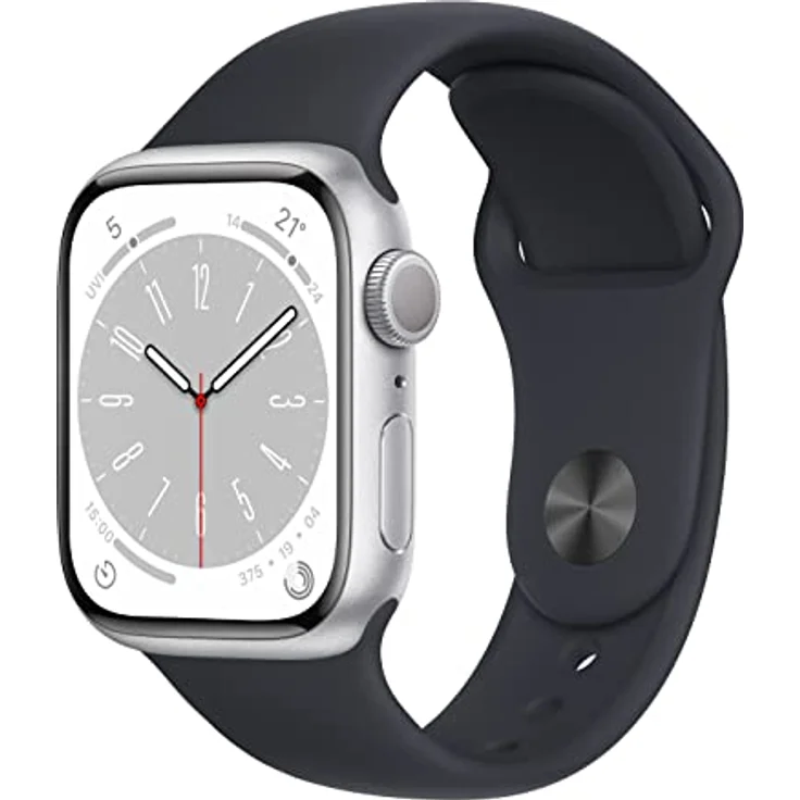 Apple Watch Series 8, Smartwatch (GPS, 41MM) mit Silber Aluminiumgehäuse und Mitternacht Sportarmband, Akku über 80% Kapazität – Bild 1