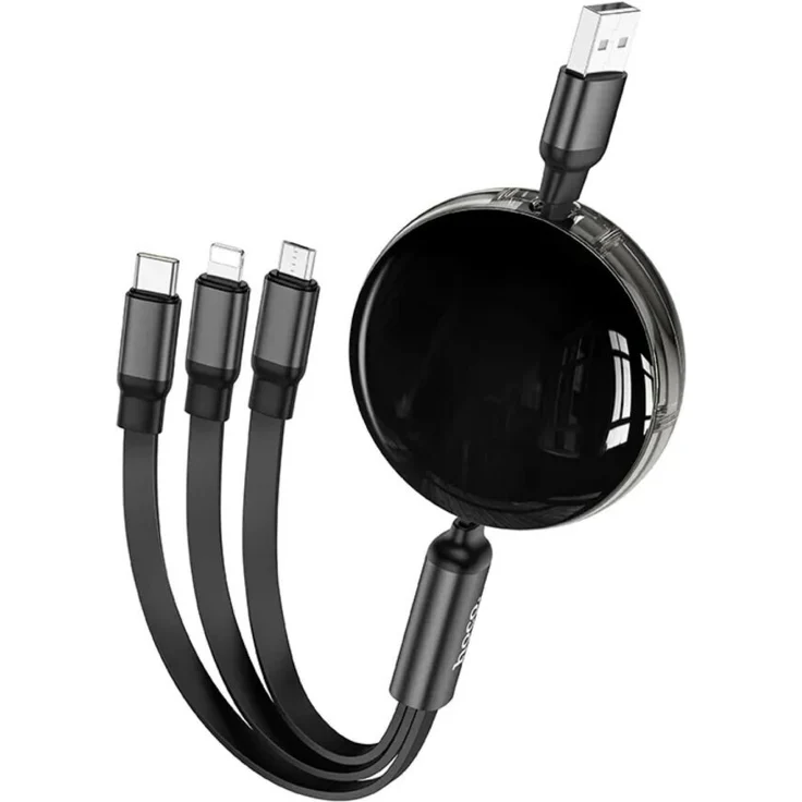 Hoco X78, 3in1 USB A zu Lightning / Micro USB / Typ C Ladekabel, einziehbar, 1m, schwarz
