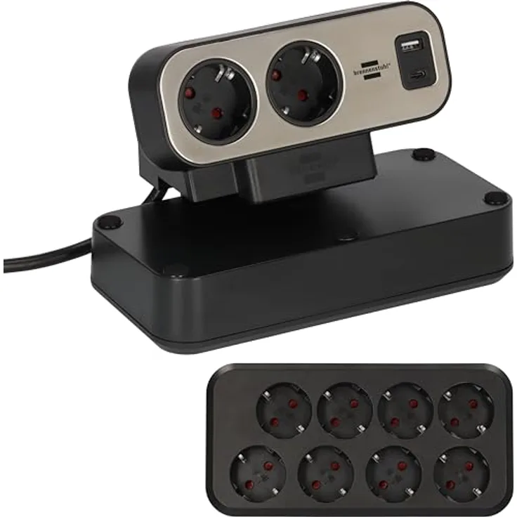 brennenstuhl®Estilo Duplex Tischsteckdosenleiste mit Schalter (USB C Power Delivery, 1x USB C, 1x USB A, 10x Schutzkontakt-Steckdosen, 2m) Silber/schwarz