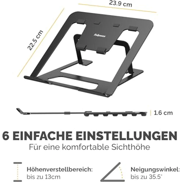 Fellowes Alumia™ Tragbarer Laptopständer, ergonomisch, höhen- & winkelverstellbar, faltbar, aus recyceltem Aluminium, schwarz, für Büro, Zuhause & Hybridarbeit – Bild 5