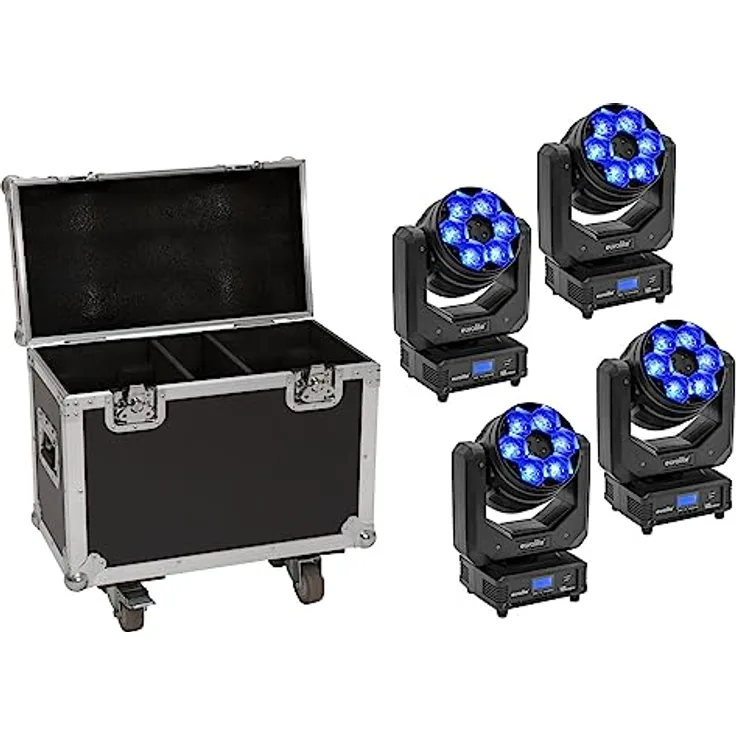 Eurolite Set 4x LED TMH-H240, Hybrid-Moving-Head Beam/Wash/Flowereffekt mit RGBW-LEDs und Flightcase