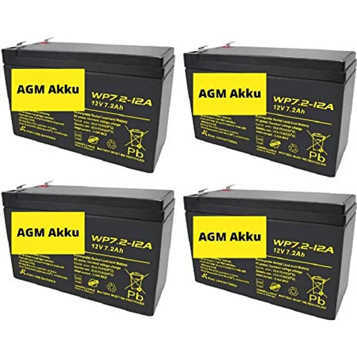 4X AGM 12V 7,2Ah Bleiakku WP7.2-12 VDs Akku, Faston 6,3mm kompatibel Bleigel Gel Akku 7Ah 8Ah 9Ah USV