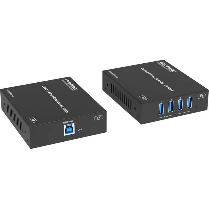 Vivolink USB3.2 4-Port KVM Switch, 5Gbit/s Extender für bis zu 100m, robustes Metallgehäuse
