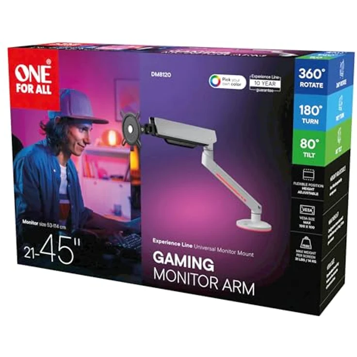 One for All Monitor Halterung Experience RGB Single, Monitor Halterung für bis zu 45 Zoll, Weiß – Bild 10