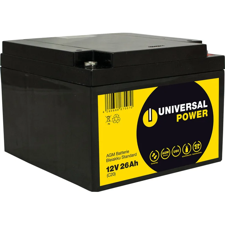 Universal Power AGM UPS12-26 12V 26Ah AGM Batterie USV Akku wartungsfrei, stationäre Batterie für unterbrechungsfreie Stromversorgung