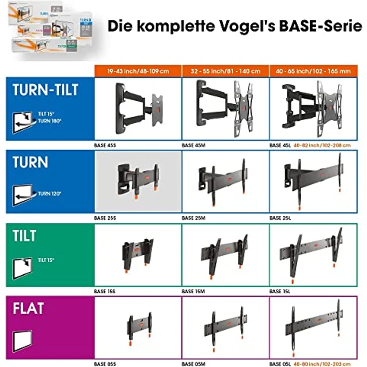Vogel's BASE 25L - TV Wandhalterung für 40-65 Zoll größe Fernseher, Wandhalter, 120° Schwenkbar, Fernsehhalterung für die Wand, VESA 600x400, Universelle Kompatibilität, Halterung max. 45 kg – Bild 4