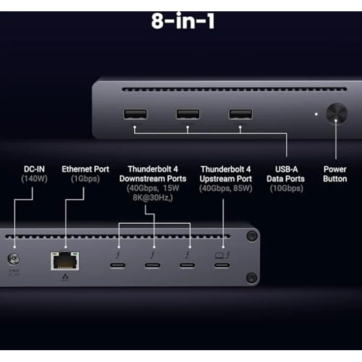 UGREEN Revodok Max 208 Thunderbolt 4 Dock 40Gbps 8-in-1 Docking Station - Dual 4K@60Hz Display, Single 8K, 85W Aufladen, Gigabit Ethernet – Bild 2
