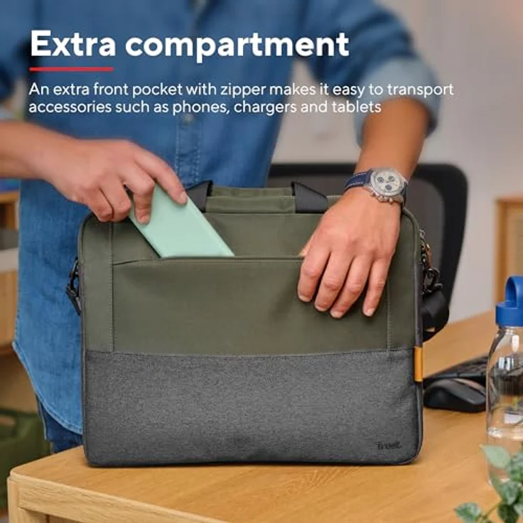Trust Lisboa Laptoptasche 16 Zoll, Umhängetasche Herren Damen mit Trolley-Gurt, Tasche aus Recycelten PET-Flaschen, Arbeitstasche für Reisen Business MacBook Notebook HP Dell Asus Lenovo - Grün – Bild 5