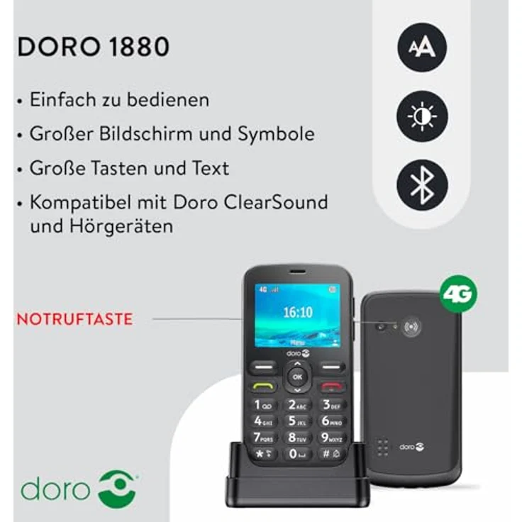 Doro 1880 Seniorenhandy 4G, FM Radio, integrierte Taschenlampe, schwarz – Bild 2