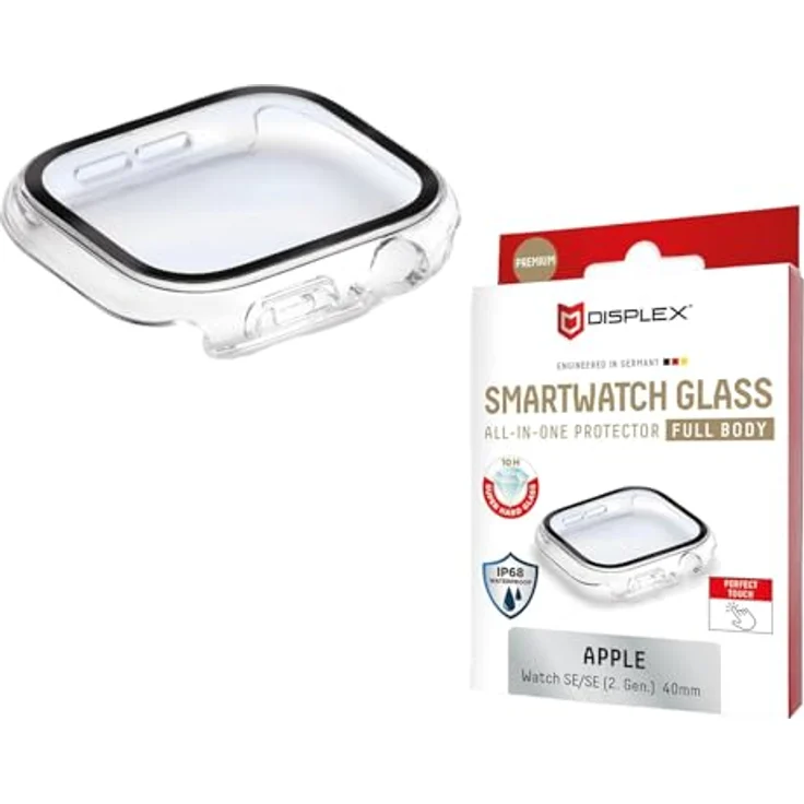Displex 10H Panzerglas für Apple Watch SE(2/3) (40mm), Full Body Schutz, IP68 Wasserdicht, transparent, Snap-On Montage, Premium All-in-One-Protector