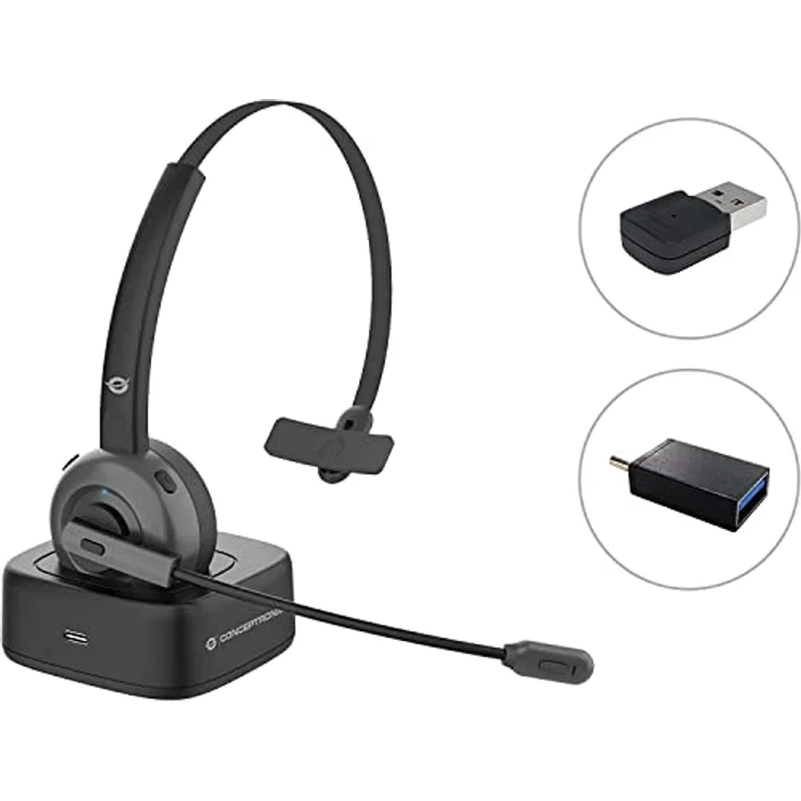Conceptronic POLONA03BDA Kabelloses Bluetooth-Headset mit Ladedoc & Bluetooth USB Audio Adapter, Schwarz – Bild 2