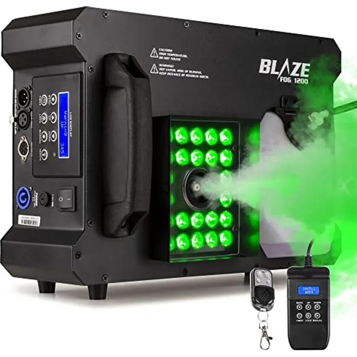 BeamZ BLAZE1200, Nebelmaschine mit 1200 Watt Leistung, 24x 4 Watt 4-in-1 RGBA-LEDs, vertikal und horizontal verwendbar, LCD-Display und Fernbedienung mit Timerfunktion