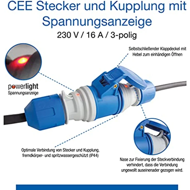 as - Schwabe - CEE Stecker mit POWERLIGHT Spannungsanzeige 230 V, 16 A, 3-polig, Outdoorstecker, IP44: fremdkörper- und spritzwassergeschützt, zur Verwendung im Außenbereich geeignet, blau | 61486 – Bild 4