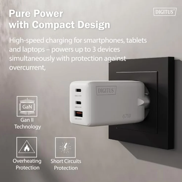 DIGITUS USB-Ladegerät GaN II, 3-Port Schnellladegerät mit 2x USB-C und 1x USB-A, bis zu 67W, geeignet für Laptop, Handy, Tablet, Smartwatch, Kopfhörer, Powerbank, Weiß – Bild 5