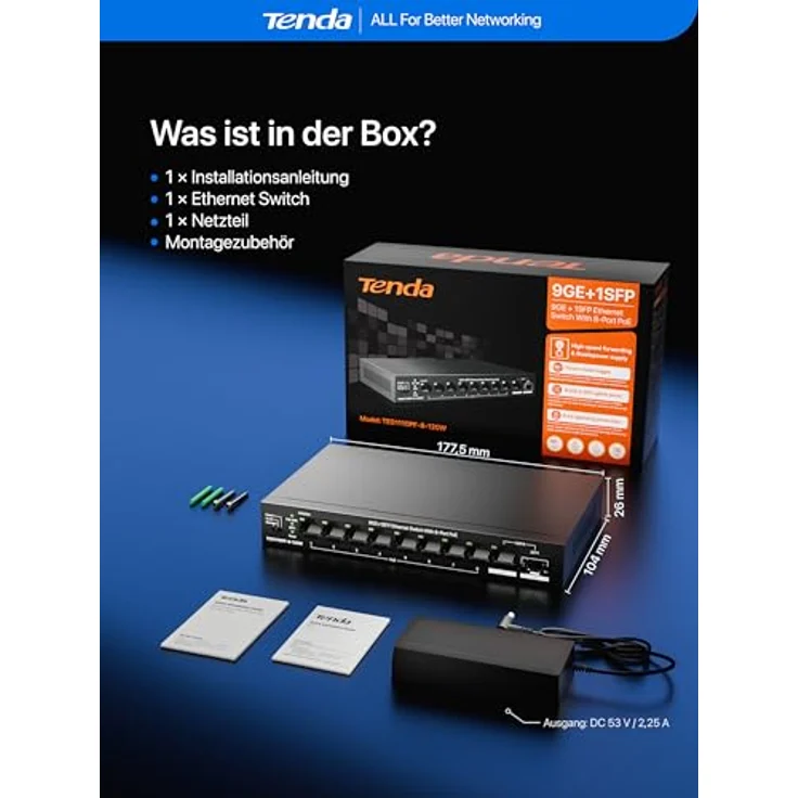Tenda Switch TEG1110PF-8-120W, Unmanaged Netzwerk Switch mit 9 Ports und 92 Watt PoE-Leistung, Schwarz – Bild 9
