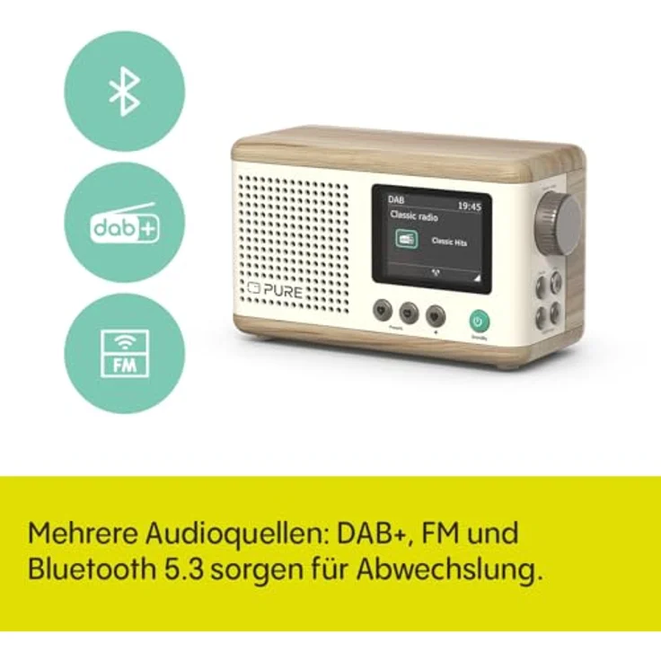 Pure Classic Mini Tragbares Digitalradio – DAB+ & UKW-Radio – Bluetooth 5.3 – 15 Stunden Akkulaufzeit – 2 Equalizer-Optionen – 2,4 Zoll Farbdisplay – Trageband – Baumwoll-Weiß/Eiche – Kompakt & leicht – Bild 2