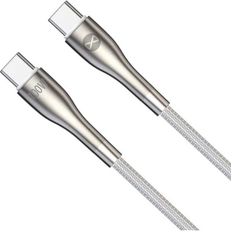 Forever Sleek USB-C auf USB-C Kabel, 1 m, 100 W, Schnellladung, Weiß mit Kabelband zur Aufbewahrung