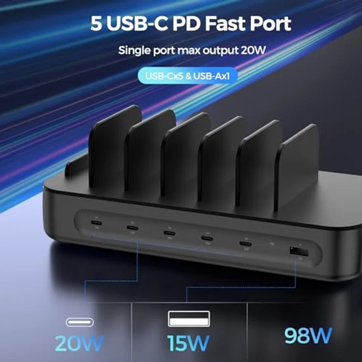 4smarts 541805, Universales Handy-Ladegerät, AC, 5 USB Typ-C Anschlüsse, 1,5 m Kabellänge, Schwarz – Bild 2