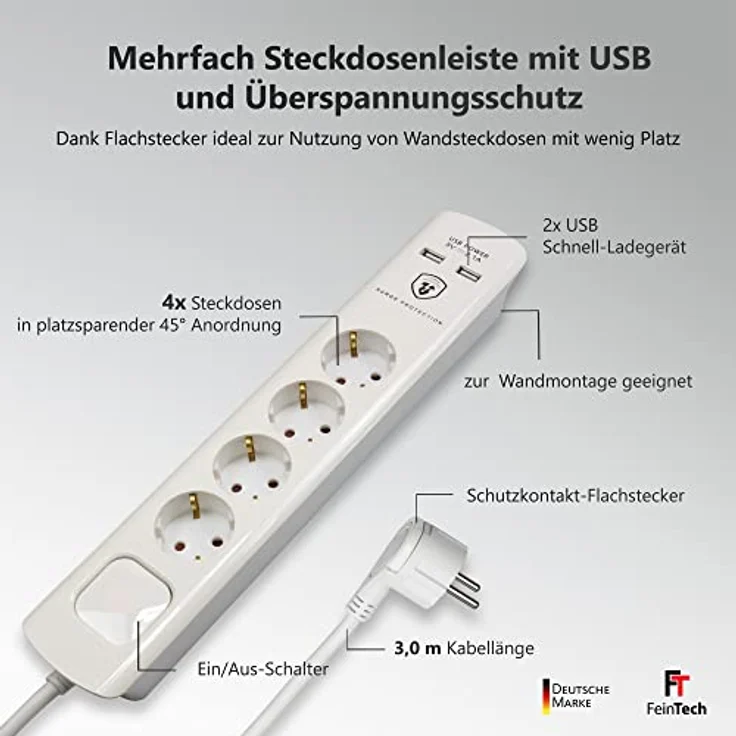 FeinTech Steckdosenleiste mit USB und Flachstecker, 4-Fach Mehrfachsteckdose mit Schalter, Überspannungsschutz und 3m Kabel, MD000433 – Bild 2