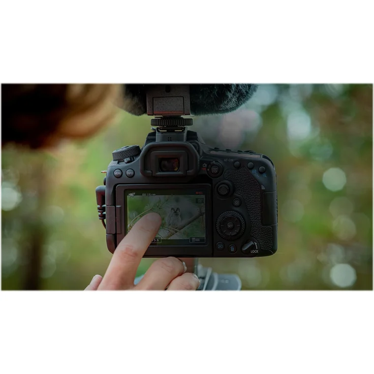 Canon EOS 90D Spiegelreflexkamera (32,5 Megapixel, 7,7 cm (3 Zoll), Bluetooth, Vari-Angle Touch Display, APS-C Sensor, 4K, Full-HD, DIGIC 8, WLAN) Gehäuse Body schwarz – Bild 2