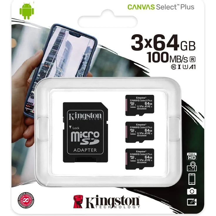 Kingston Canvas Select Plus microSD Speicherkarte, SDCS2-64GB-3P1A Class 10 (3x Karte,inkl. SD Adapter) – Bild 3