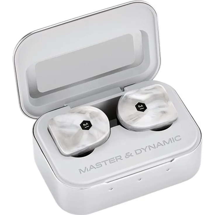 Master & Dynamic True Wireless Kopfhörer (3,5h Akkulaufzeit pro Ladung, Edelmetall-Ladecase, IPX4) White Marble