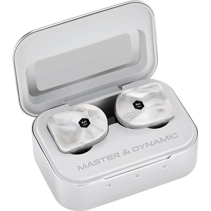 Master & Dynamic True Wireless Kopfhörer (3,5h Akkulaufzeit pro Ladung, Edelmetall-Ladecase, IPX4) White Marble – Bild 1