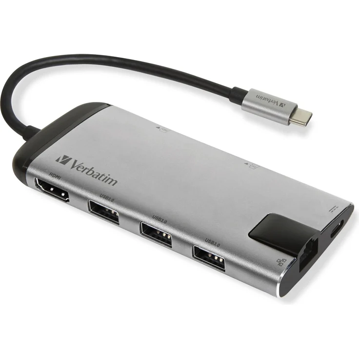 Verbatim USB-C Multiport-Adapter mit USB 3.0 - HDMI, 4K, Ethernet, SD-microSD, Schnellladeanschluss, für Laptop, MacBook - Grau – Bild 3