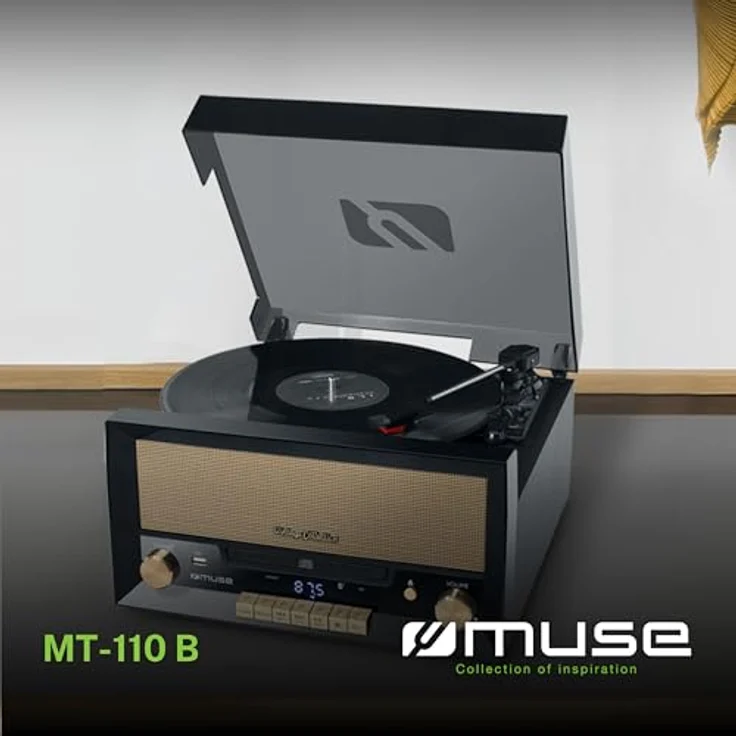 Muse MT-110 B Retro Stereo-Anlage mit Plattenspieler, Bluetooth, CD-Player und Radio mit USB für Wiedergabe und Aufnahme, schwarz – Bild 2