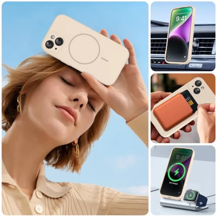 miracase iPhone 14 Hülle mit MagSafe, Flüssigsilikon, stoßfest mit kratzfestem Mikrofaser-Innenfutter, sandfarben – Bild 3
