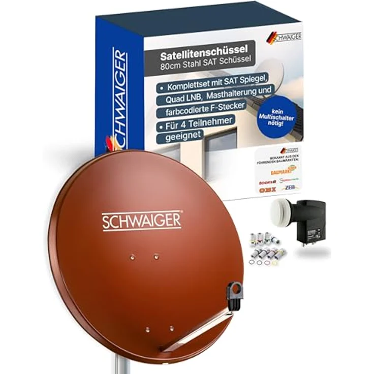 Schwaiger Satellitenanlage Set, Ziegelrot, Stahl 75 cm, Multifeedfähig mit Quad LNB für bis zu 4 Teilnehmer – Bild 1