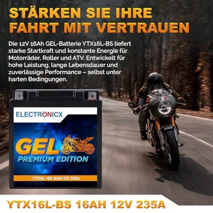 Electronicx Extreme Edition GEL Motorradbatterie 16Ah 12V - wartungsfrei, zyklenfest, auslaufsicher, vibrationsfest für Motorrad, Roller, Quad und ATV – Bild 2