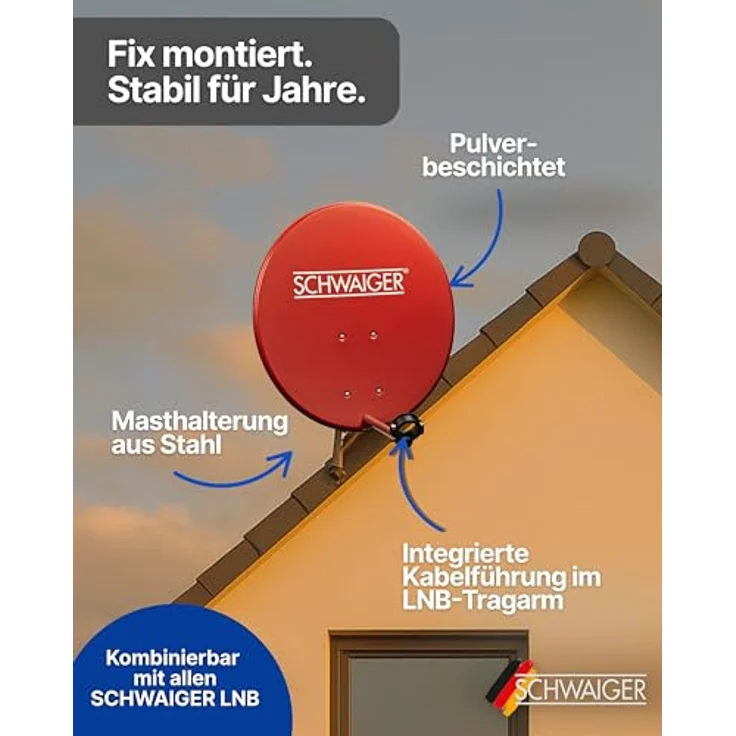SCHWAIGER Satellitenschüssel Ø 55 cm Stahl Offset Antenne in Ziegelrot, wetterfest, Multifeed geeignet, maximale Empfangsleistung 35,2 dB – Bild 5