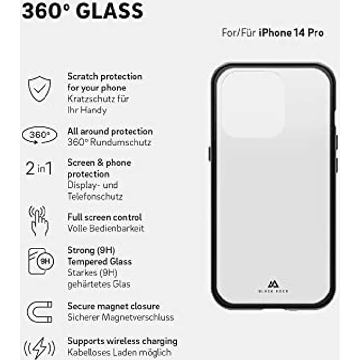 Black Rock - Hülle 360 Grad Glass Case Passend für Apple iPhone 14 Pro I Handyhülle, Magnet Verschluss (Transparent mit schwarzem Rahmen) – Bild 2