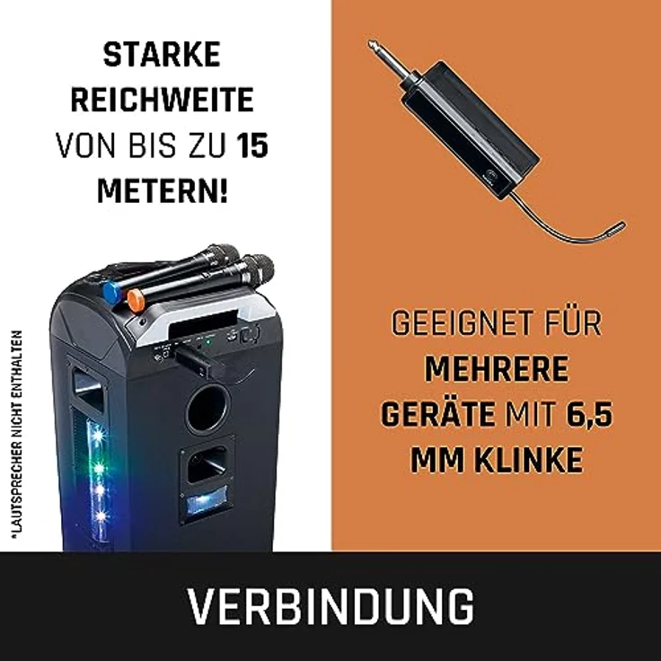 Lenco MCW-011 Kabelloses Mikrofon - Funkmikrofon mit Empfänger - 6,5mm Stecker - integrierter Akku mit 2000nAH - bis zu 15 Meter Reichweite - 863,5 MHz - Schwarz – Bild 2